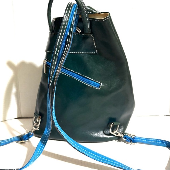 Handmade Dark Green & blue Leather Drawstring Backpack with Bright Blue Trim